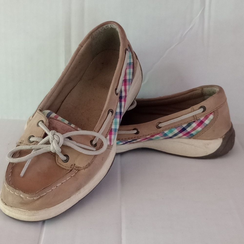 Kids Size 4 Sperry-Top Sider Beige Leather & Plaid Laguna Boat Shoes Multicolor